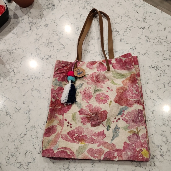 FLORAL FLIRTY POM POM CANVAS TOTE BAG WATERCOLOR ECCOLO NWT cream & pink - Picture 7 of 12
